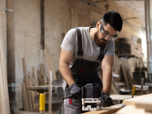 carpintero en su taller usando equipo de protección para carpinteros cortando un pedazo de madera