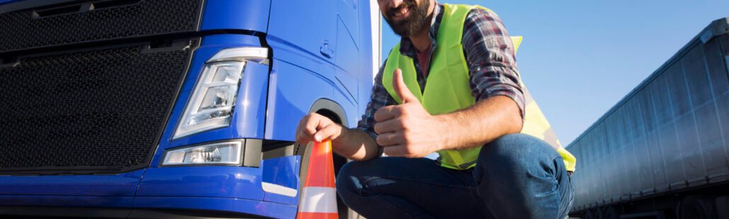 Hombre usando chaleco de prevención junto a un cono de vialidad