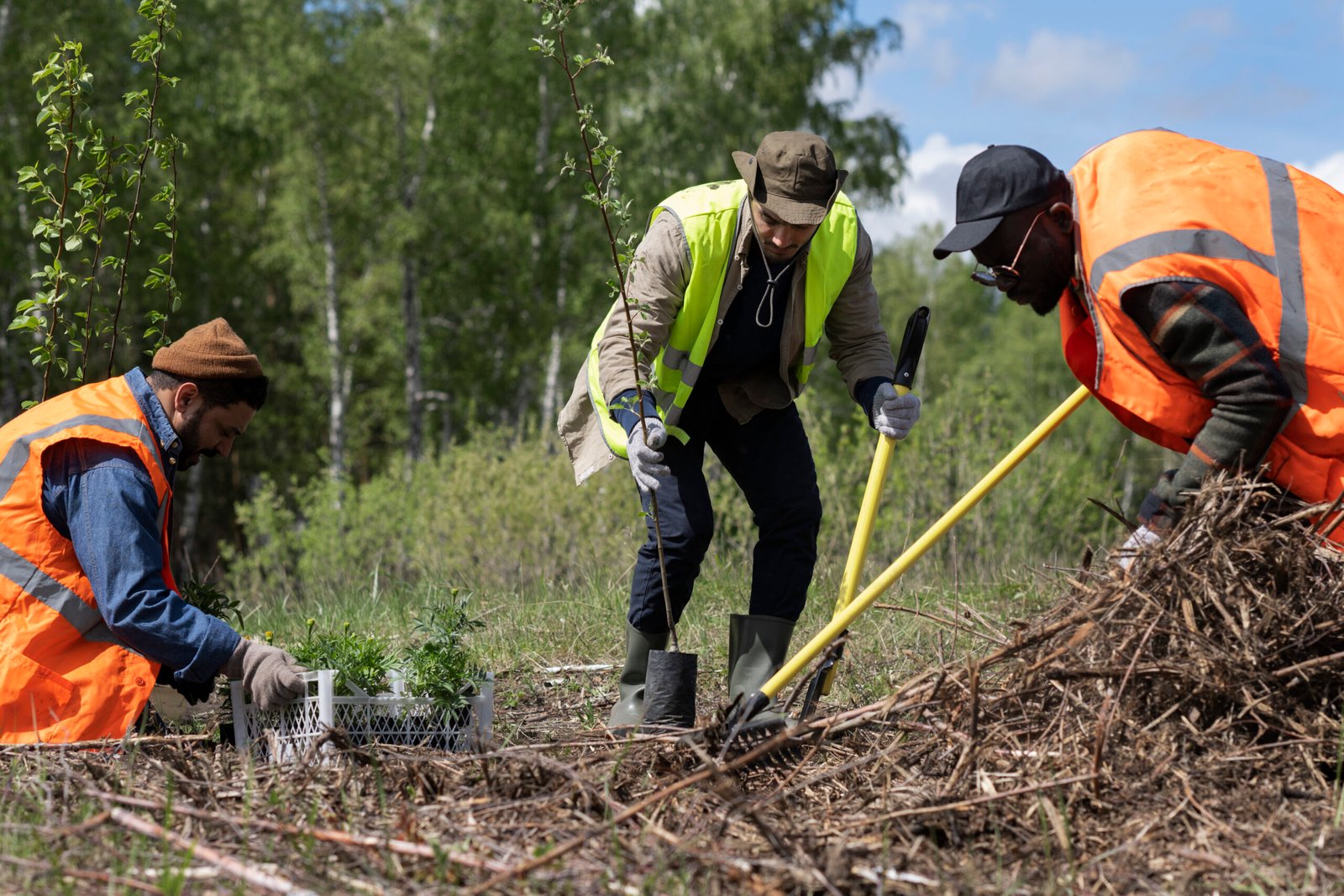 3 hombres en el campo usando equipo de seguridad para la industria agrícola